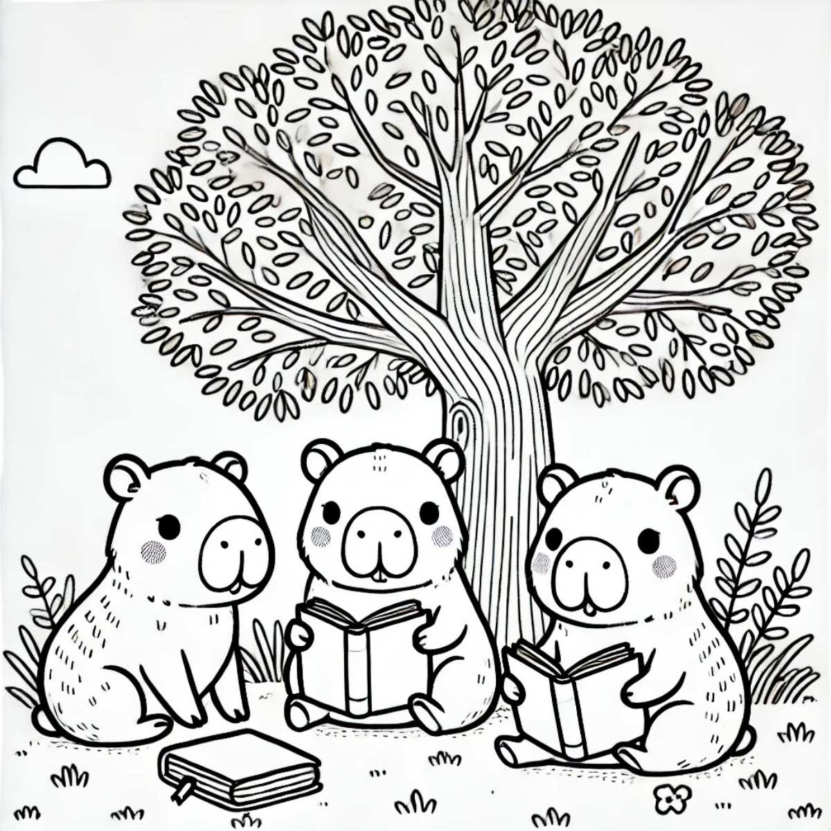 Tranh tô màu Capybara chibi cute ngồi dưới gốc cây đọc sách