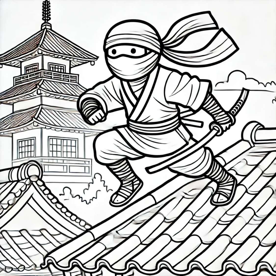 Tranh tô màu Ninja đi trên mái nhà siêu ấn tượng cho bé