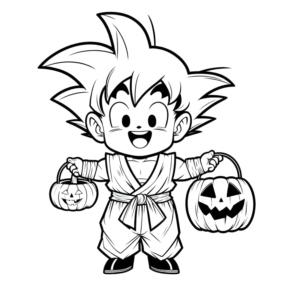 Tranh tô màu Songoku cầm quả bí ngô Halloween vui nhộn