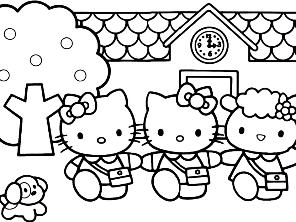 Tranh tô màu Hello Kitty và các bạn đi học đáng yêu