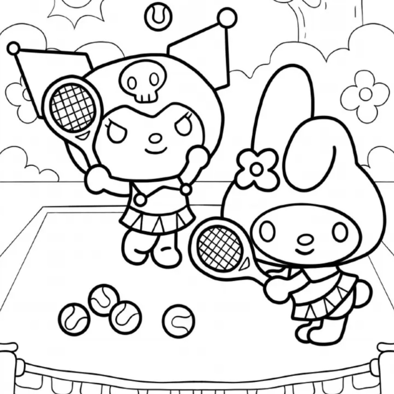 Hình tô màu Melody và Kuromi chơi tennis đáng yêu cho bé