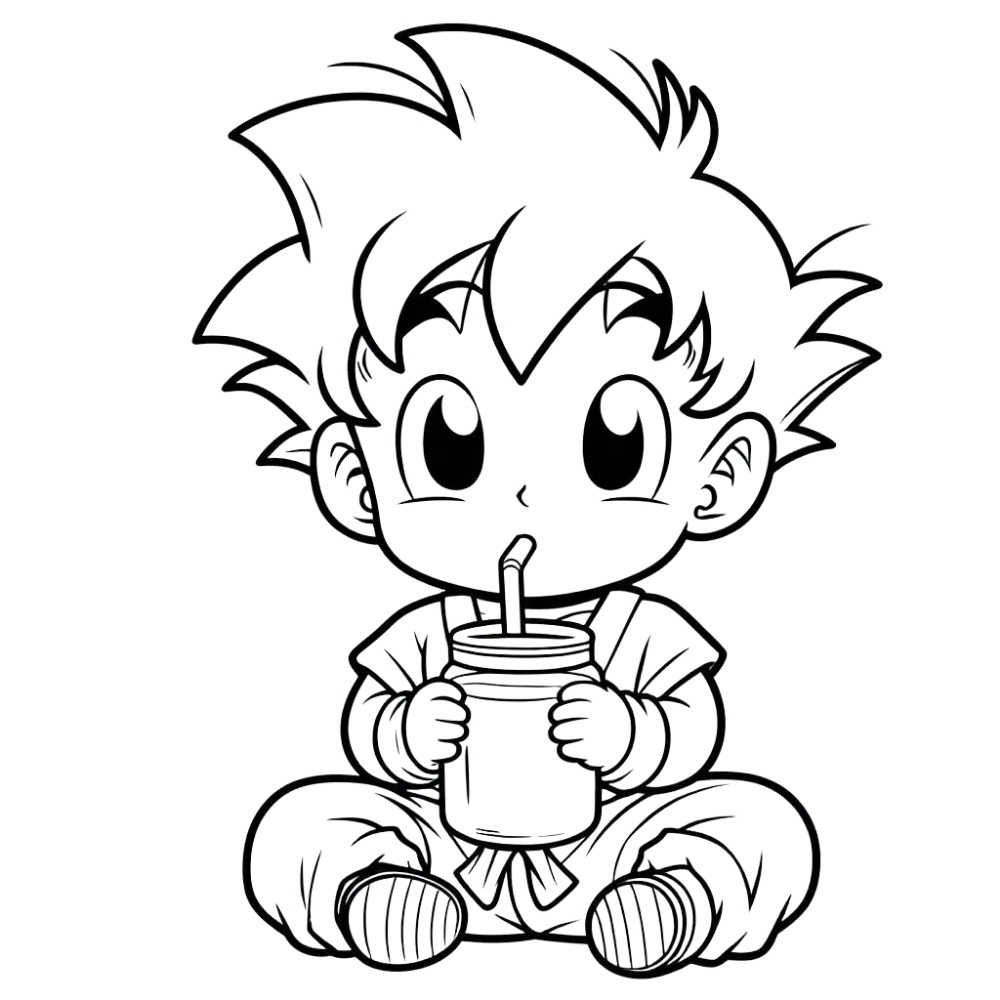 Hình tô màu Songoku chibi ngồi uống nước đáng yêu